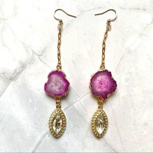 Pink Solar Quartz Hanging Chain Gold Earrings with Marquies Cut Cubic Zirconia